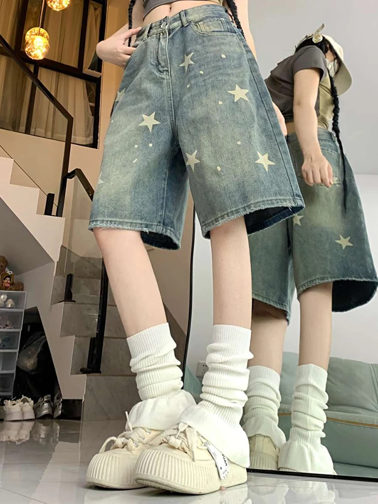 Women High Waist American Retro Washed Wide Leg Jeans Girls Street Do Old Star Loose Denim Pants Female Blue Knee Length Shorts