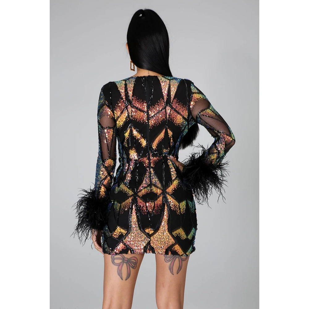 V-collar African Dashiki Women Sexy Sequins Design Exquisite Long Sleeve Ostrich Feather Slim Evening Party Dress Vestidos