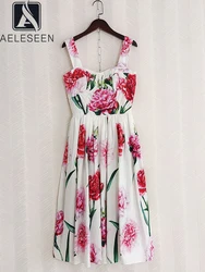 AELESEEN 100% Cotton Women Sicilian Dress Spring Summer Spaghetti Strap Peony Flower Print Elegant Slim Camisole Poplin