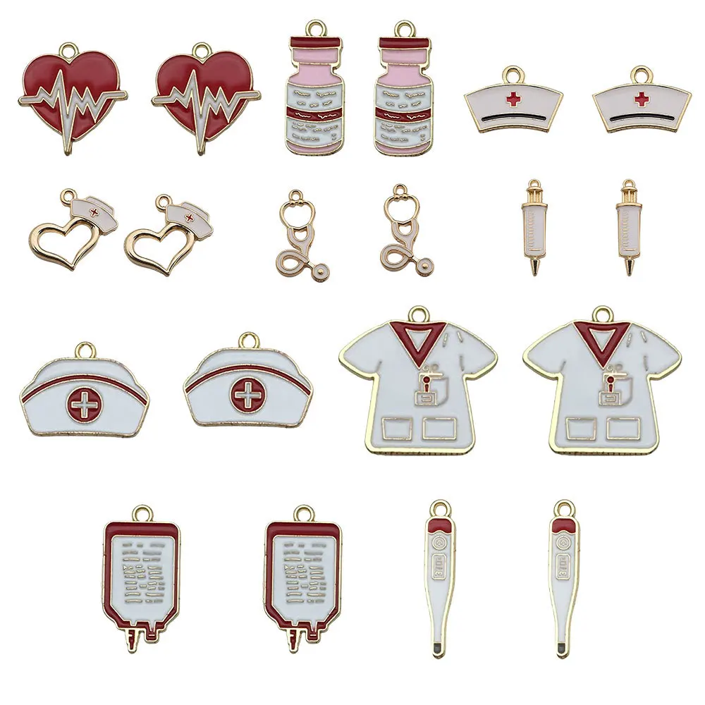 10pcs Enamel Nurse Uniform Syringe Thermometer Medical Pendant Keychain Bag Phone Gift Charms DIY Jewelry Making Accessories