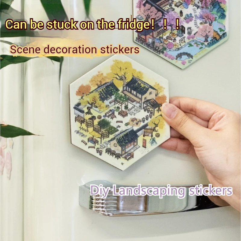 

10pcs Landscape Stickers Blind Box Refrigerator Stickers Chinese Style Scene Landscape Decoration Stickers Diy To Pass The Time