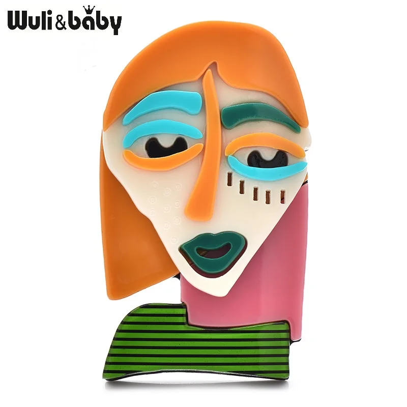 Wuli & baby أكريليك جميل الفن سيدة الوجه الشكل دبابيس دبابيس للنساء 2-color عيون كبيرة الفم فتاة مكتب بروش الحفلات الهدايا