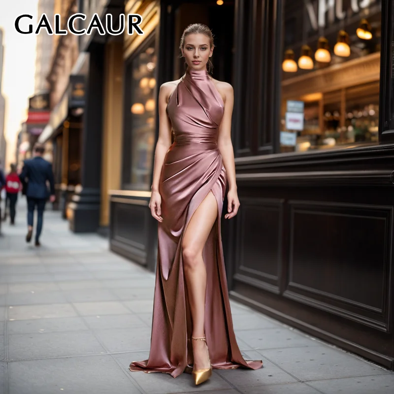 

GALCAUR Halter Sexy Long Dresses Women Sleeveless Off Shoulder High Waist Split Spliced Folds Luxury Party Dress Female Autumn