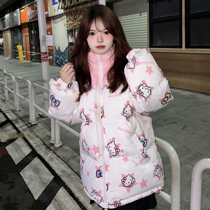 Sanrio-Parkas de algodón de Hello Kitty Y2k para mujer, chaquetas de plumón Harajuku, abrigo holgado con cremallera de retazos, chaqueta cálida