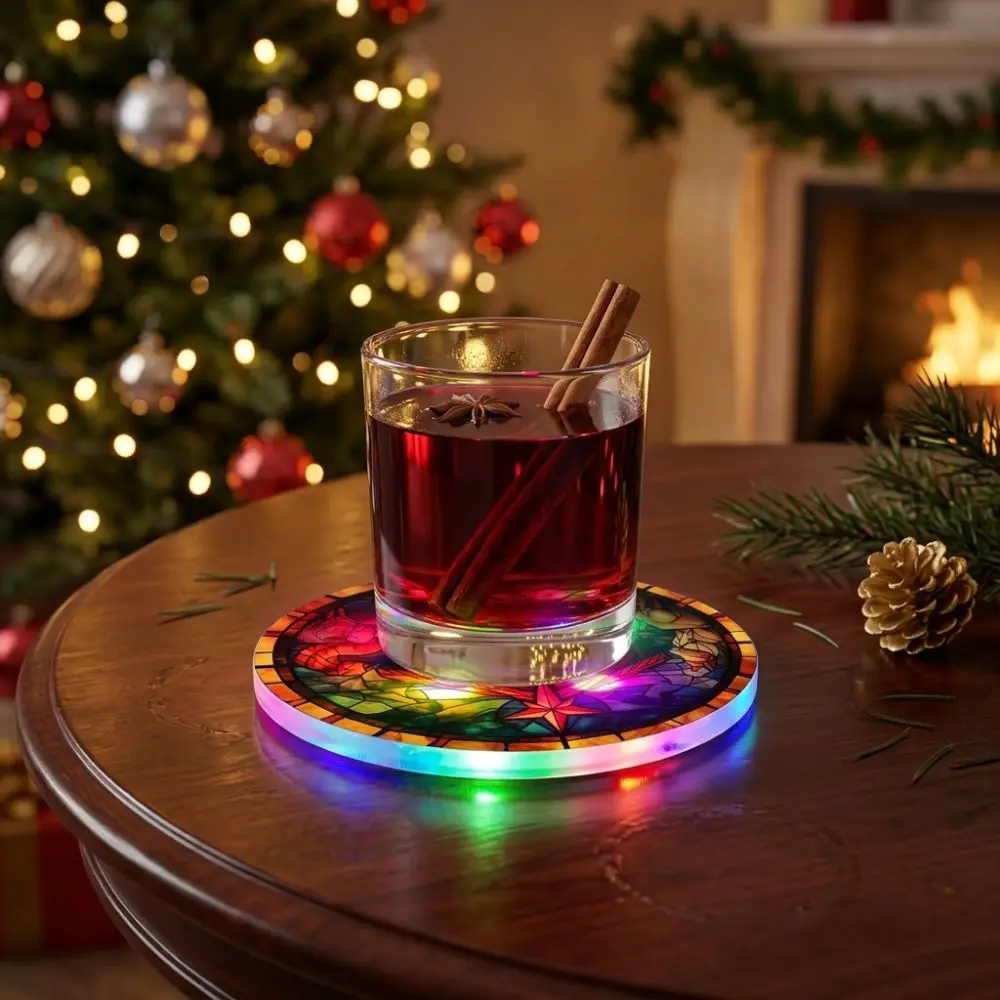 Round Acrylic LED Glowing Coaster 2D Flat Christian Religious Nativity Cup Pad Colorful Waterproof Christmas Drink Pad Nightclub