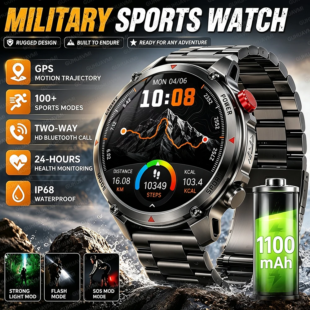 New Military 1100mAh Big Battery Smart Watch Men GPS Tracker IP68 Waterproof Flashlight Compass Bluetooth Call Sports Smartwatch