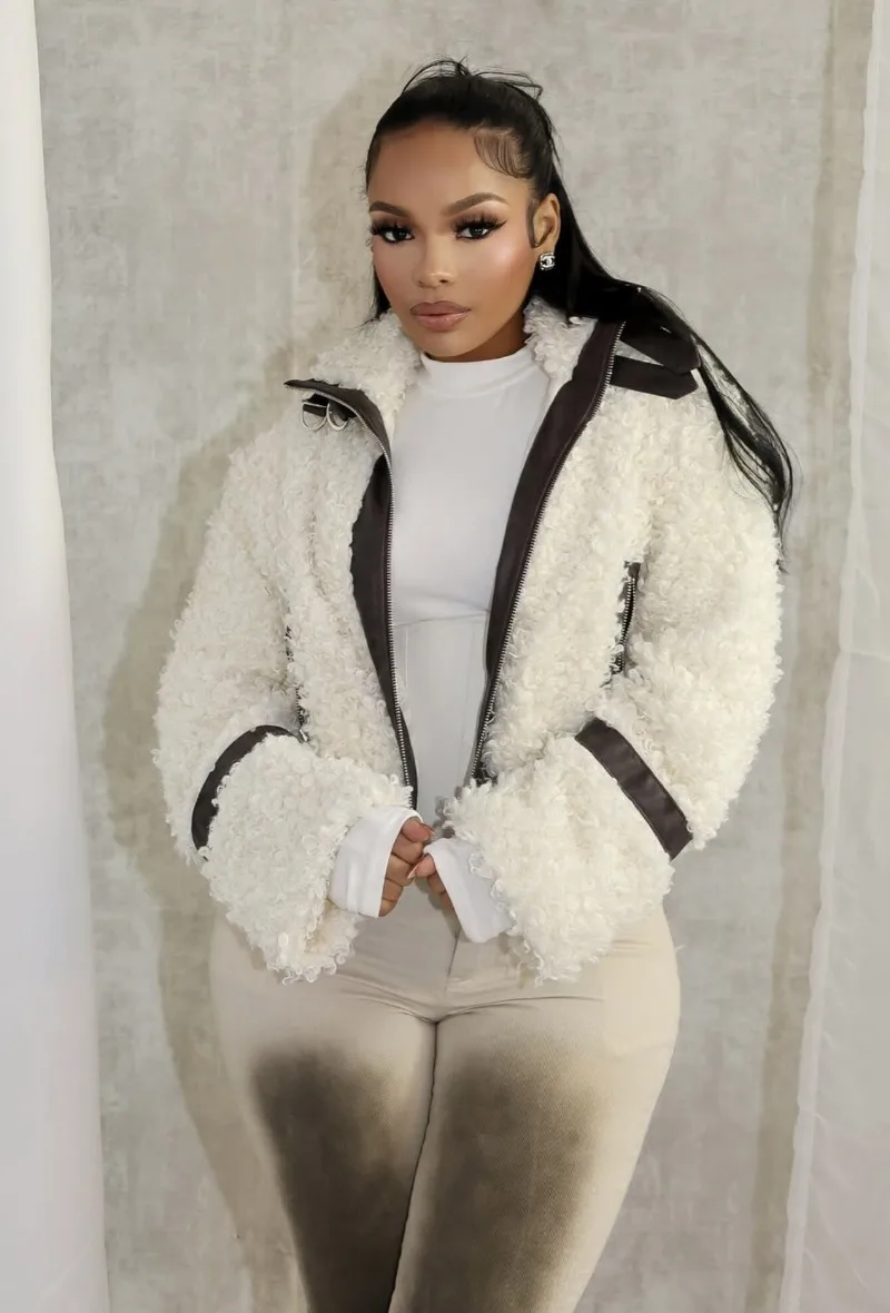 

PU Leather Patchwork Furry Coats Women Fashion Stand Collar Long Sleeve Zipper Slim Warm Jackets Casual Streetwear Top Outerwear