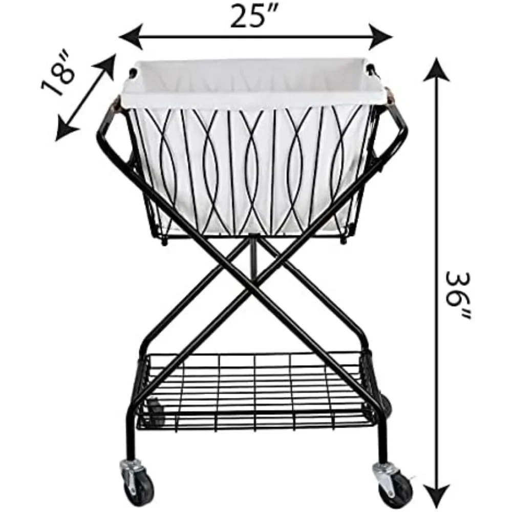 Collapsible Laundry Cart with Basket & four wheels, Black Large