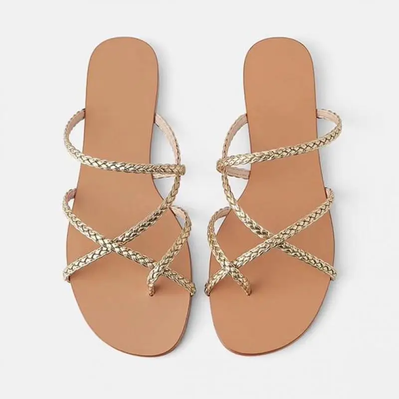 2026 Summer Flip Flops New Retro Roman Sandals Leisure Flats Slippers Bohemia Beach Shoes Woman Gold Slides Sandalias Mujer