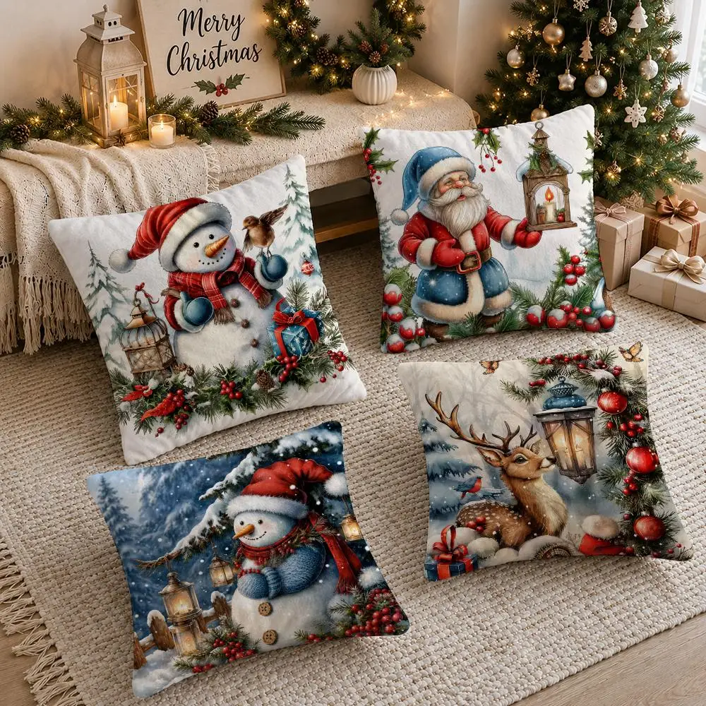 Christmas Tree Deer Snowflake Cushion Cover Soft Short Plush Double-Sided Printing Sofa Home Decor Festival Pillow Case Gifts