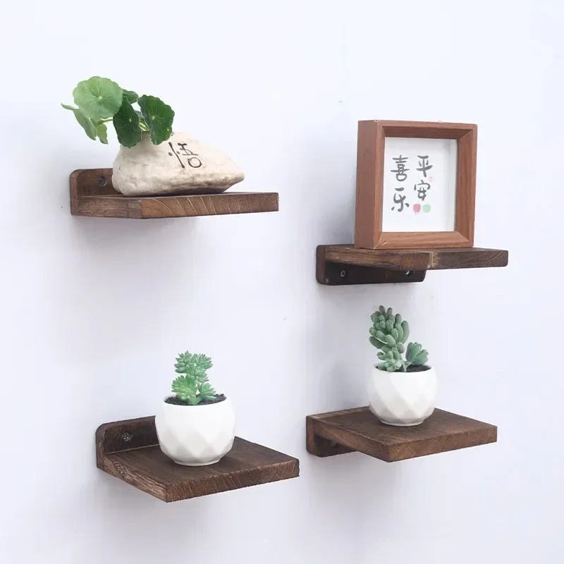 4 PCS/Set Wooden Floating Shelves Vase Green Plants Potted Display Stands Ornaments Wall Storage Shelf Stands Home Decorations
