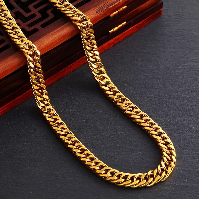 Not Fade Pure Gold Color 6mm/8mm/10mm Wide Men\'s Necklace 60cm Long 24k GP Heavy Hip Hop /Rock Fashion Jewelry Chain for Men