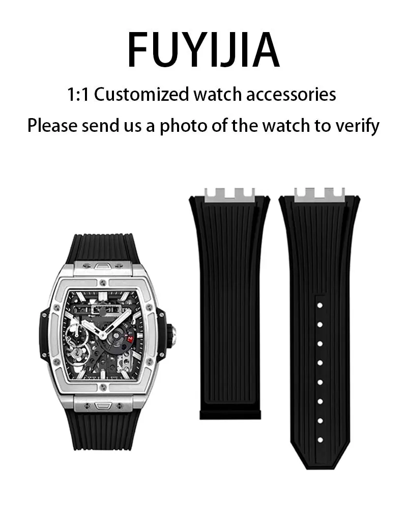 FUYIJIA Men Custom H-UBLOT 614 Original Watchband 31MM×24MM Steel Convex Interface Fluororubber Strap Waterproof VITON Wristband