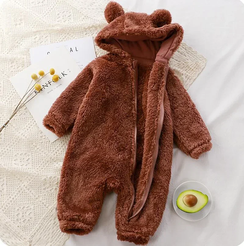 Infant Coral Fleece Hooded Rompers Thick Warm Cute Bear Shape Baby Winter Jumpsuits Newborn Soft Pajamas Overalls