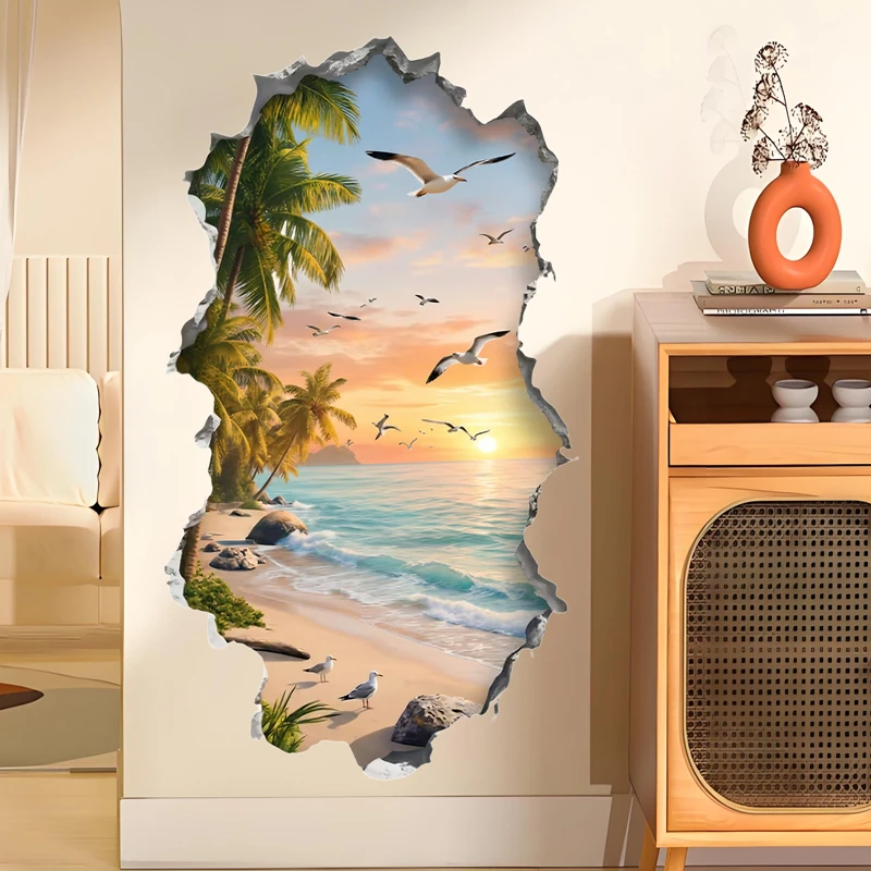 Sunset Sea View Mural on the Door Fridge for Home Decoration Aesthetic Room Wall Hole Art Beach Palm Trees Seagull Vinyl Sticker