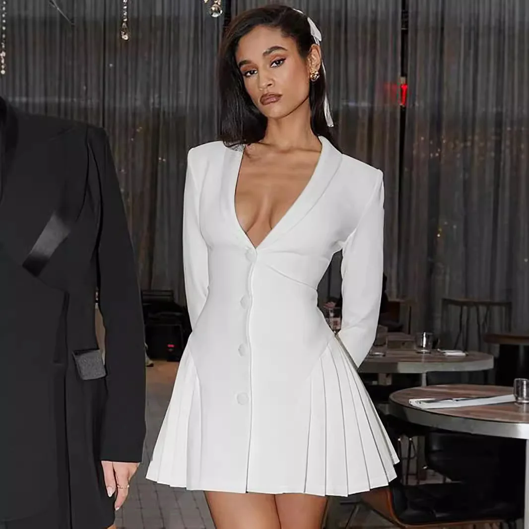 

Womens Long-Sleeve Pleat Sexy Deep V-Neck Blazer Dress Slim Mini Dress White Black Design Spring Summer Nightwear Vestidos