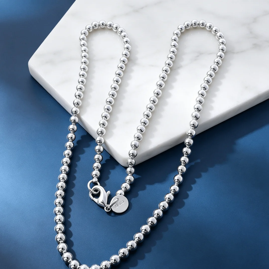 Minimalist 925 Sterling Silver Necklaces Jewelry 18 Inches Hollow 4MM Buddha Beads Fashion Necklace for Women Christmas Gifts