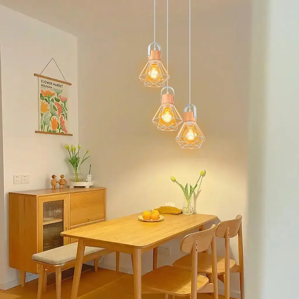 1/3 Heads Modern Hanging Ceiling Lamp Vintage Wood E27 Pendant Light Lighting Fixture Living Dining Room Kitchen Bedroom Decor