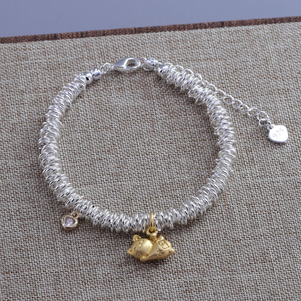 VENTFILLE 925 Sterling Silver Bracelet For Women Gift Love Crystal 14K Gold Lucky Cat Pendant Circle Beaded Jewelry Dropshipping