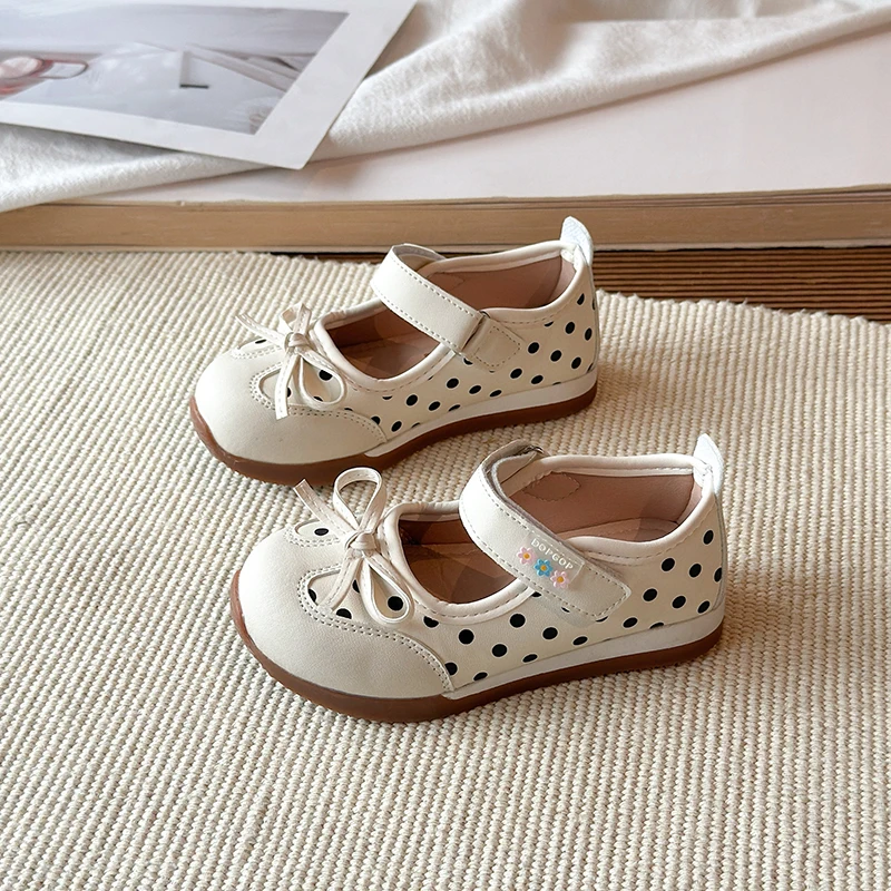 Girls Polka Dot Mary Janes Front Bow Decor Single Adjustable Velcro Strap Soft Leather Flat Shoes For Daily Princess Matching