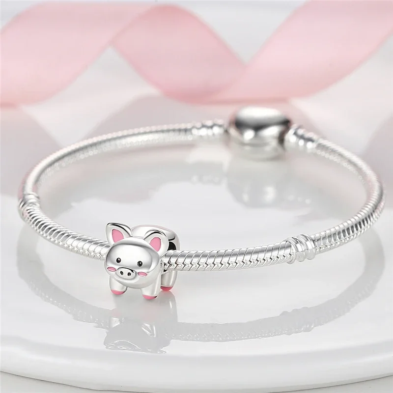 Original Charms 925 Silver Pink Cute Pet Pig Animal Beads Fit Charms Plata 925 Bracelets For Women Jewelry Making Diy Fine Gifts