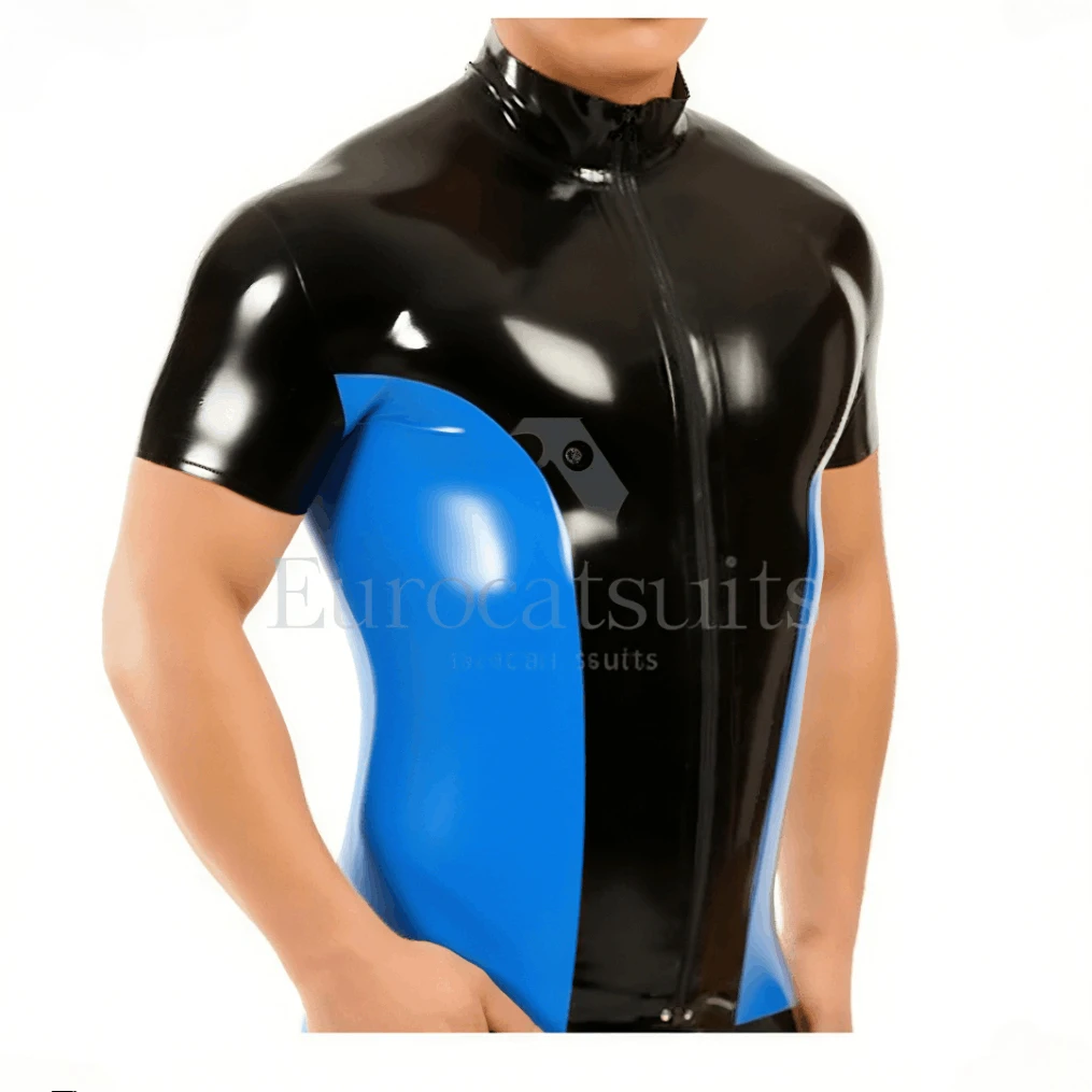 

Резиновый топ по индивидуальному заказу, мужской черный, синий латексный топ с короткими рукавами и молнией спереди, резиновая облегающая рубашка, мужская клубная одежда, модный косплей