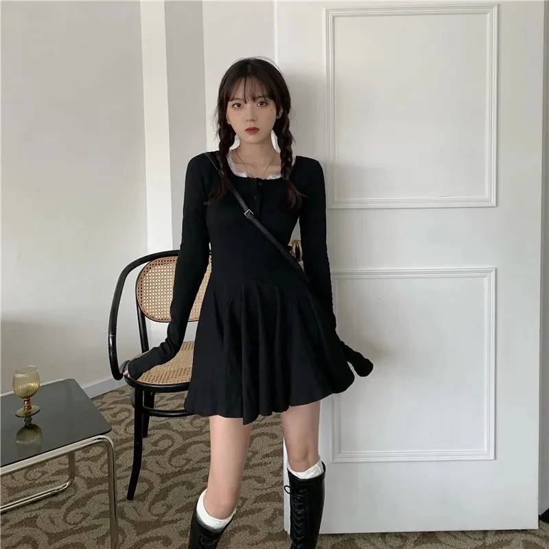 Black Lace Patchwork Dress Women Korean Chic Square Collar Long Sleeve Mini Dress Fall Fashion Preppy All-Match Bottoming Dress