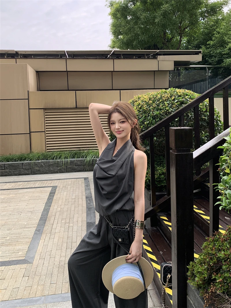 

Korean Retro Spicy Girl Set Women Summer Open Ne Hanging Ne Loose Wide Leg Pants Two Piece Set Faionable Casual Outfit