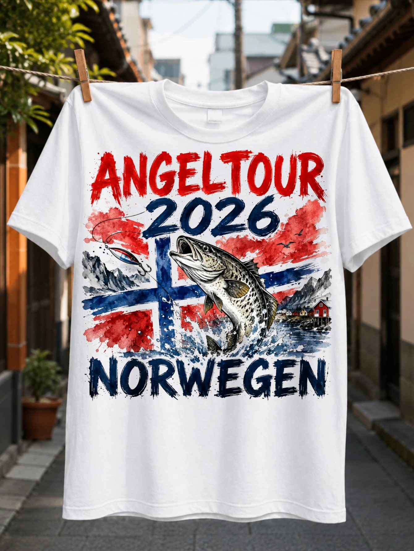 with Angeltour 2026 Norwegen text jumping fish lure Norway Fl-ag mountains and fishing tour theme  Unisex All T-Shirt