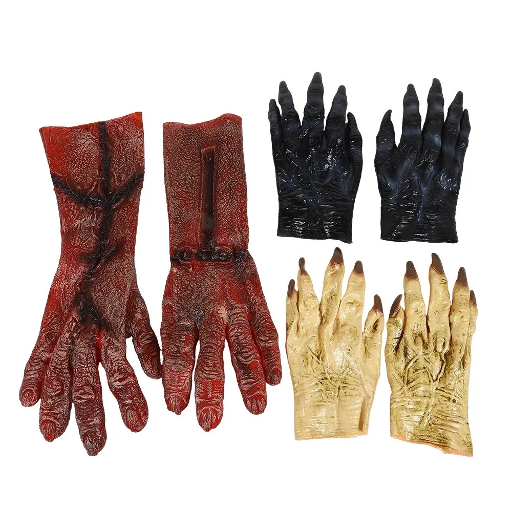 Prank Simulated Halloween Cosplay Gloves Plush Waterproof Werewolf Vinyl Gloves Werewolf Bloody Makeup Party Props Men