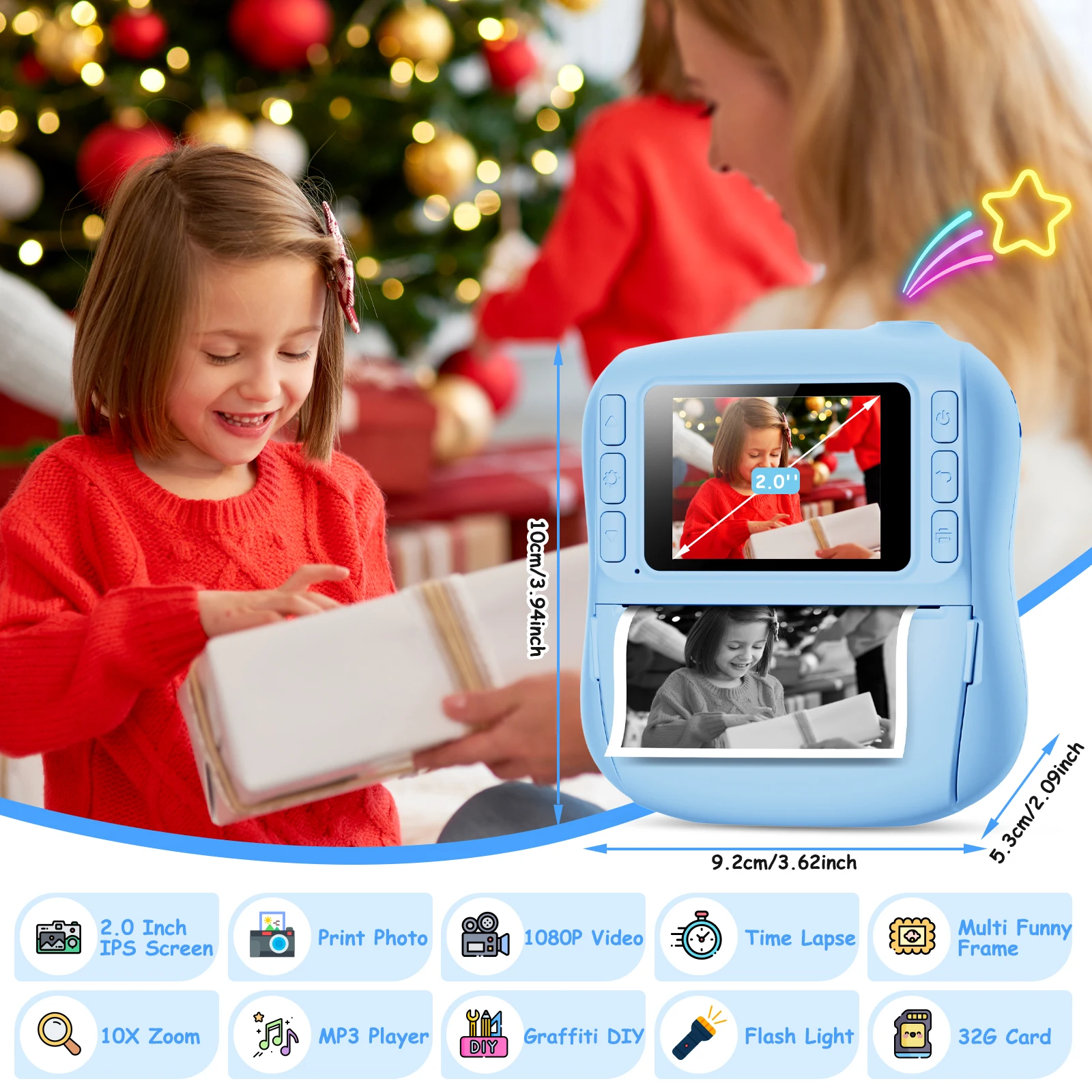 Câmera de impressão instantânea para crianças, câmera digital infantil de 2.0 polegadas, 14mp, 1080p, brinquedo com papel de impressão, presente para meninas e meninos