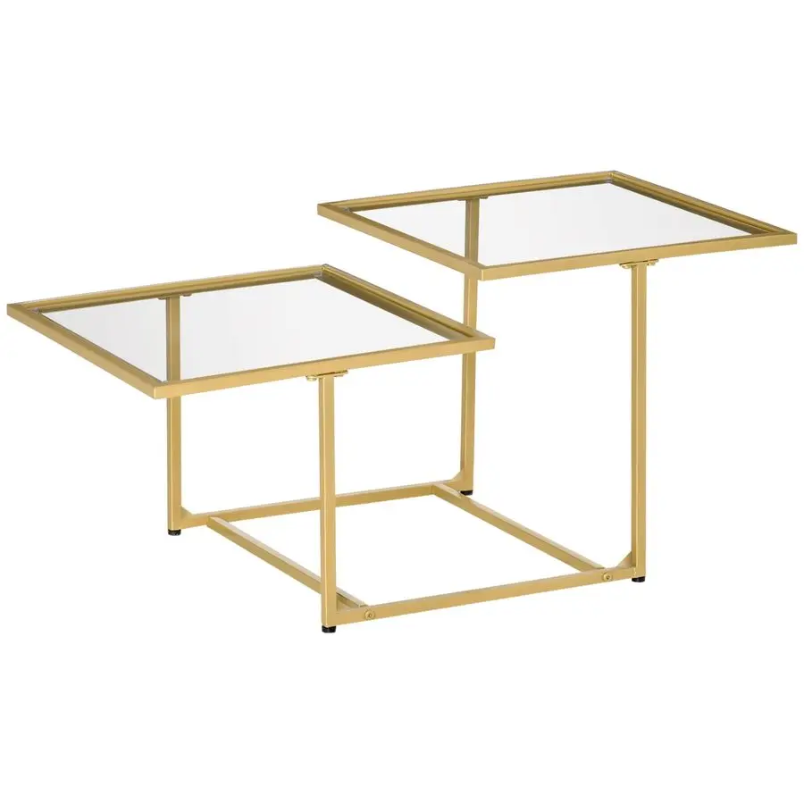 

Coffee Table, Tempered Glass Coffee Table with 2 Square Tabletops, Modern Coffee Tables for Living Room, Bedroom, Gold