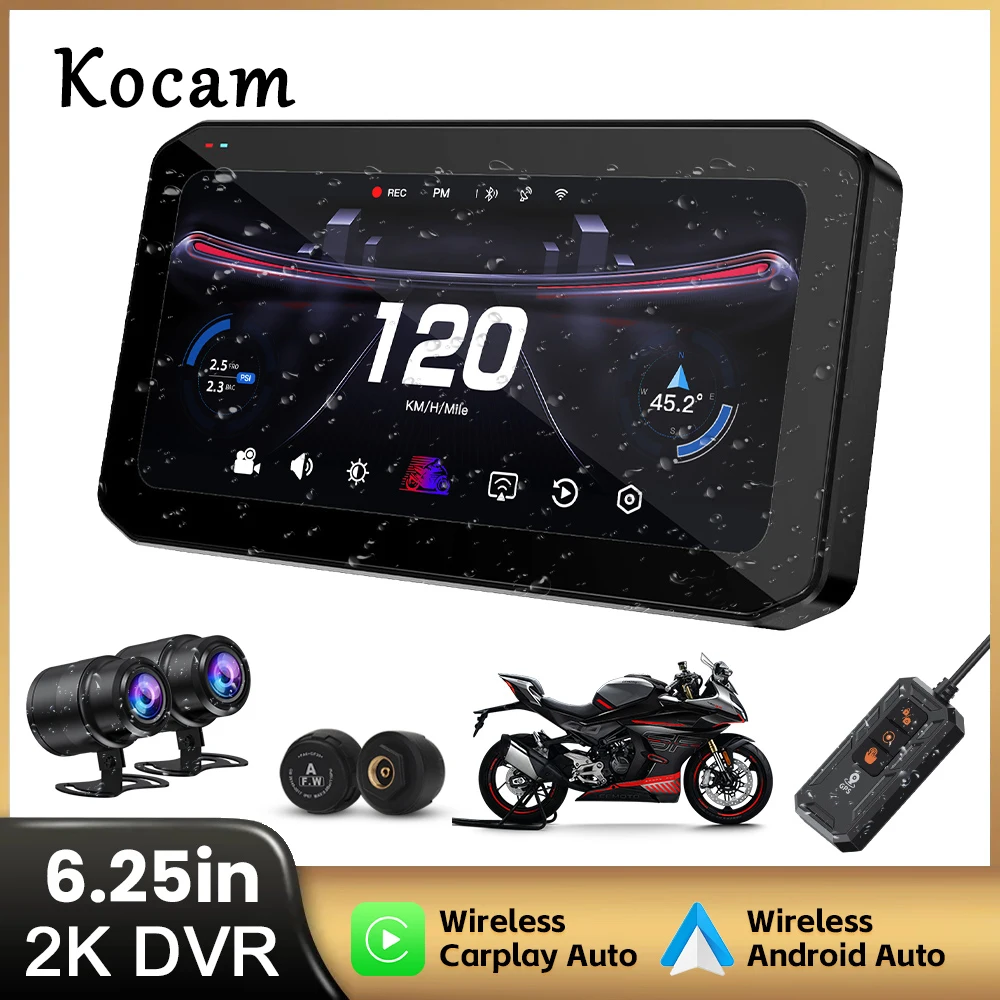 6.25 inch Carplay Motorcycle DVR Navigation GPS Wireless CarPlay Android Auto 2K DVR Drive Recorder Moto Monitor WIFI BSD IPX7