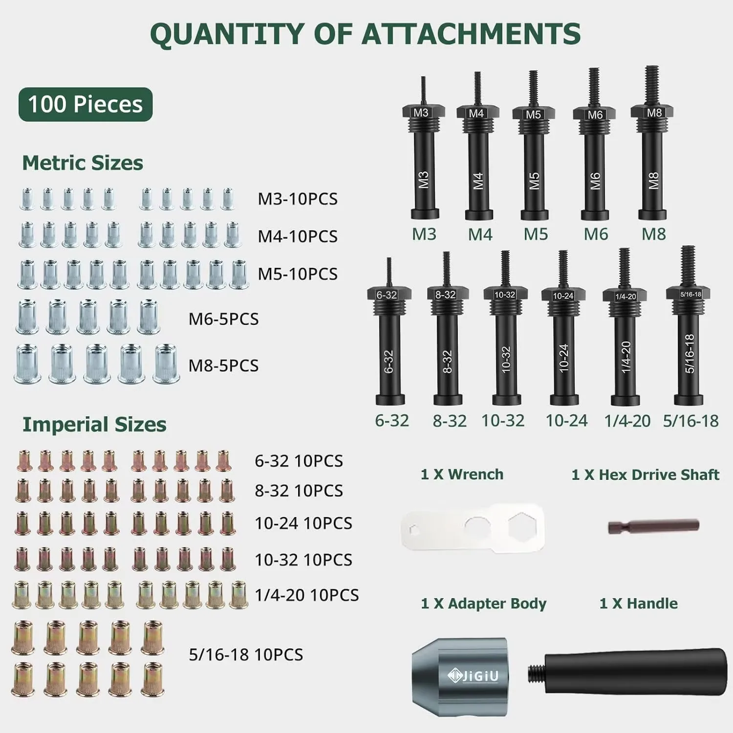 Cordless Rivet Nut Drill Adapter Tool Kit with 11 Mandrels 100PCS Nuts Electric Rivet Gun Adapter for Auto Maintenance DIY