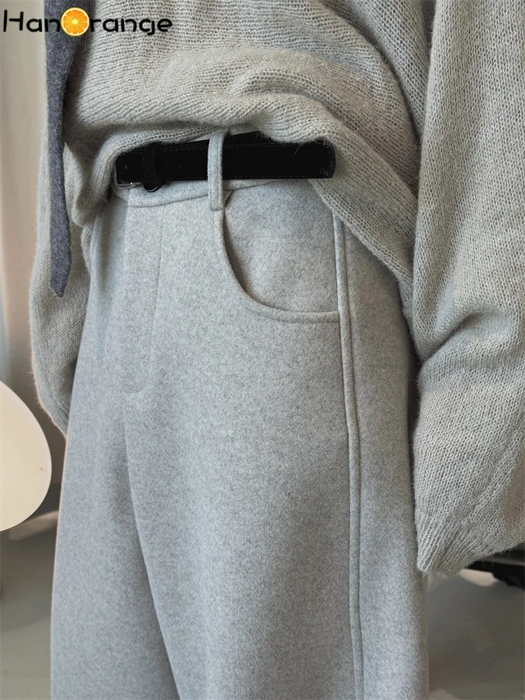HanOrange 2025 Inverno Semplice con cintura Pantaloni in lana composita a gamba larga Pantaloni raddrizzanti da donna Albicocca/Grigio chiaro