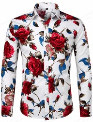 Camisa estampada floral havaiana de manga comprida masculina, blusa branca de praia, roupas masculinas, moda, rosa vermelha, vocacional