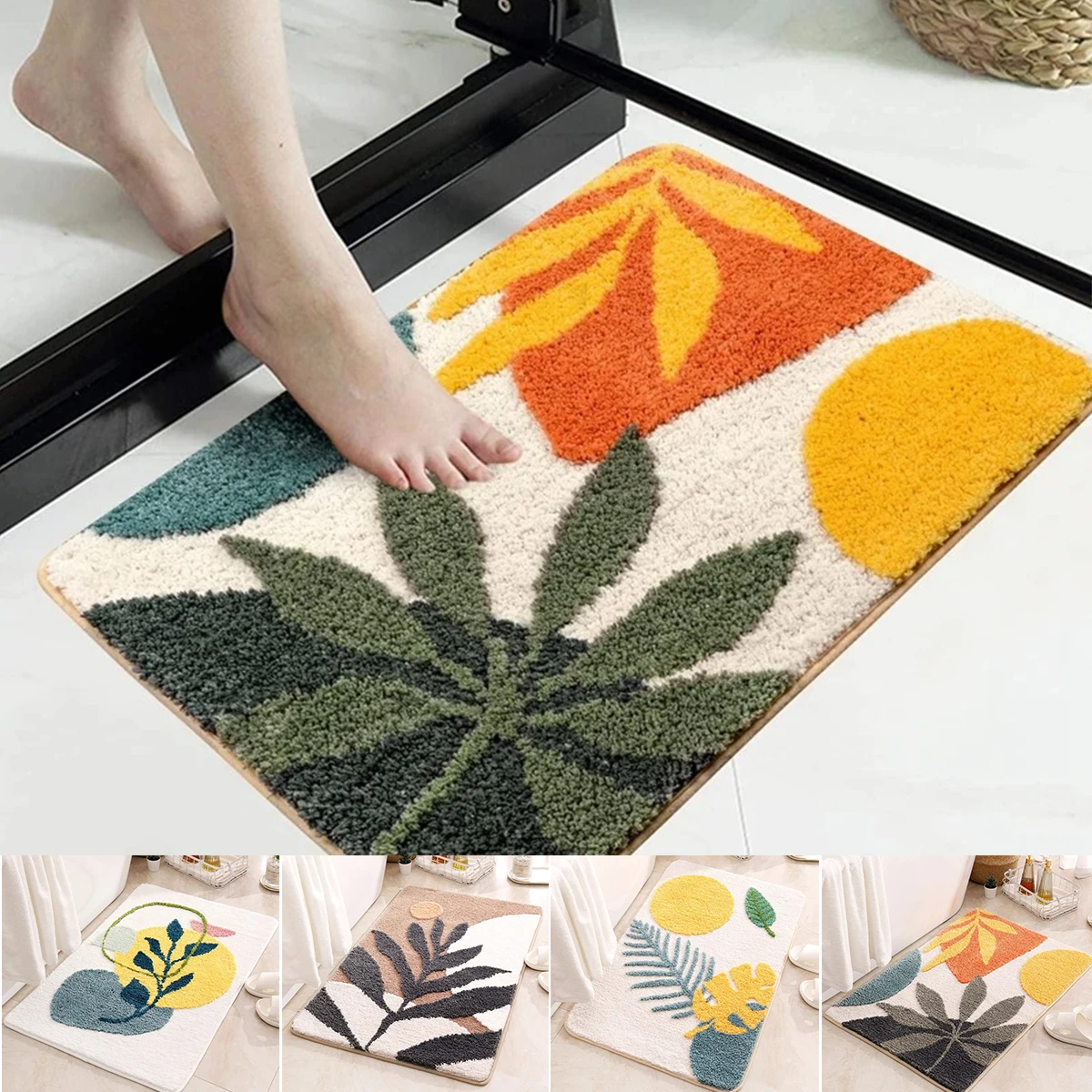 

Non-Slip Bath Mat Rug Boho Plant Art Boho Abstract Leaves Bathroom Rug Absorbent Bathroom Rugs for Home Office 40x60cm 50x80cm