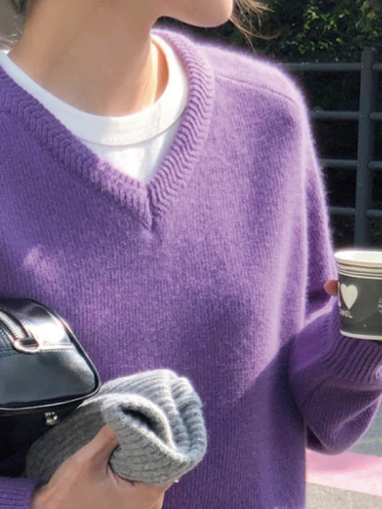 

Purple Camere V-Ne Sweater Women's Autumn Winter Loose Fit Overhead Knitwear Slimming Versatile Soft Base Layer