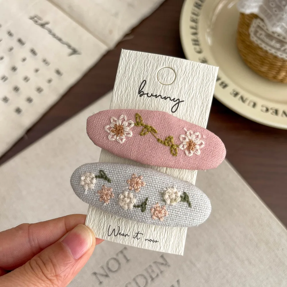 Kawaii 2Pcs/set Fabric Embroidery Hair Clip Oval Cute Children's Hair Accessories Printed Daisy Bangs Clips Party