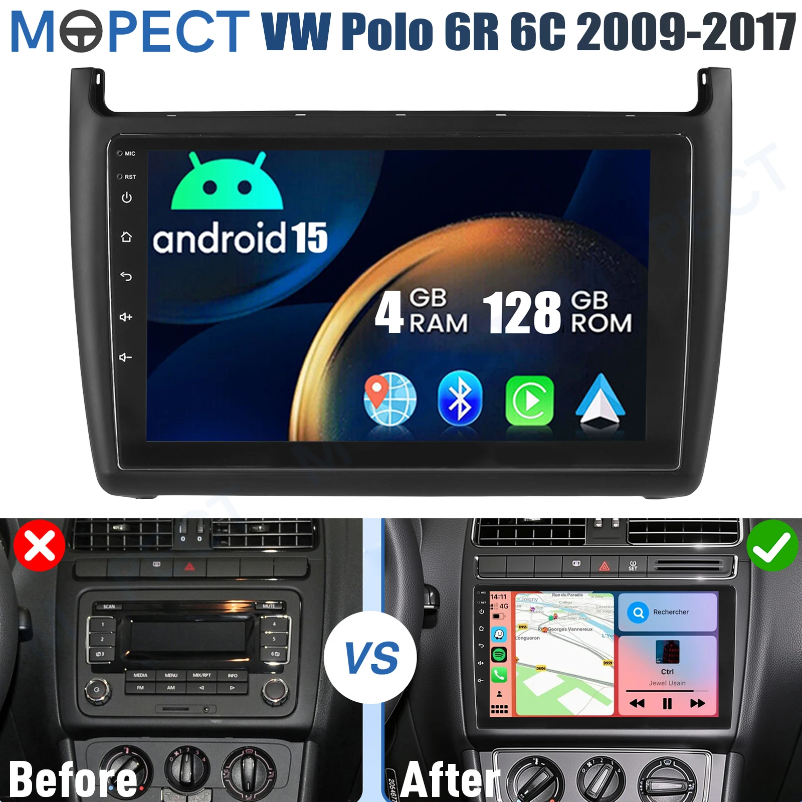 4+128GB 9 inch Android 15 autoradio met CarPlay voor VW Polo 6R 6C 2009-2017 GPS navigatie touchscreen FM/AM head unit SWC+DAB&camera