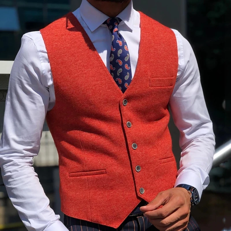 Men\'s Suit Vest Red V Neck Single Breasted Business Waistcoat  Jacket Casual Slim Fit Gilet Homme Vests For Wedding Dress Vest