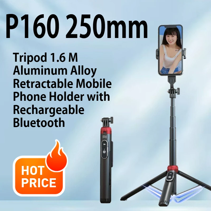 

P160 Selfie Stick Tripod 1.6 M Aluminum Alloy Retractable Mobile Phone Holder with Rechargeable Bluetooth for IOS Android