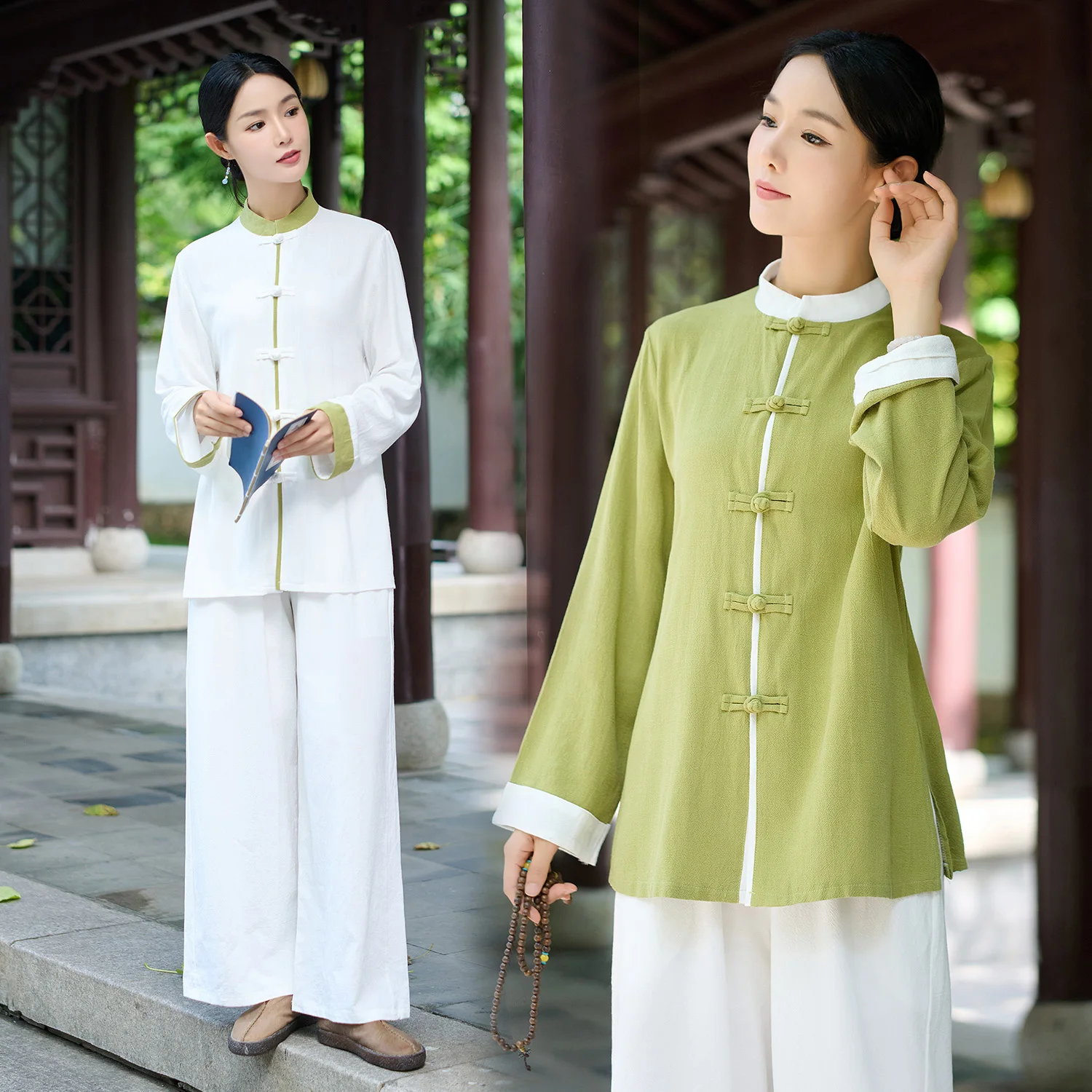 Bawełniano-lniane ubrania do Tai Chi i jogi, długi rękaw, Zazen, medytacja, Baqianjin, dwuczęściowy zestaw, damski strój etniczny, tradycyjny kostium.