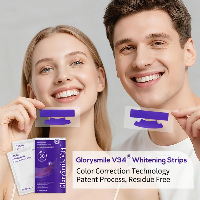 Glory Smile V34 Teeth Whitening Strips PAP Purple Dual Whitening Gum Safe Non Slip No Residue Yellow Teeth Stain Removal 7 Pack