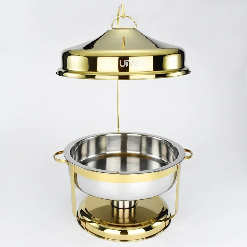 9L Luxurious stainless steel food warmer buffet stove gold hanging hinged lid round equipment chafing dish buffet set for sale