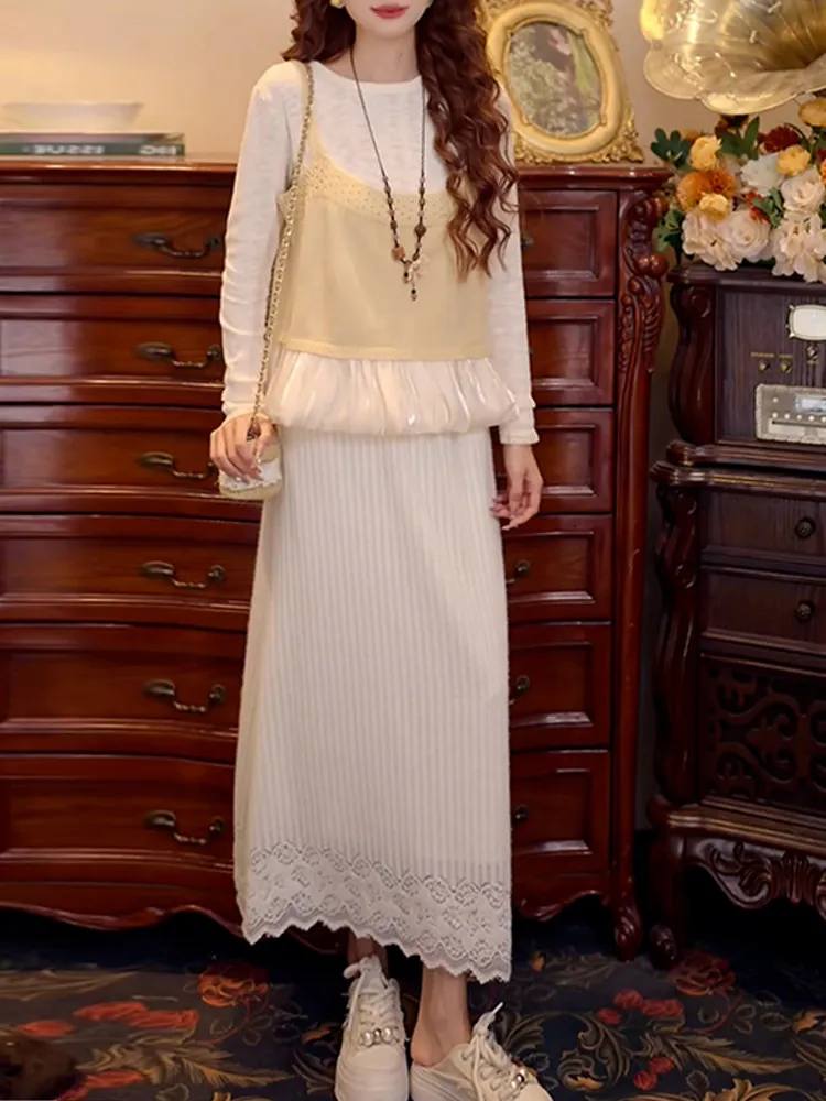 

Trendy Design Ladies' Three-Piece Set round Neck Long Sleeve High Waist Skirt Pure Color Vest Casual Style Spring Fashion