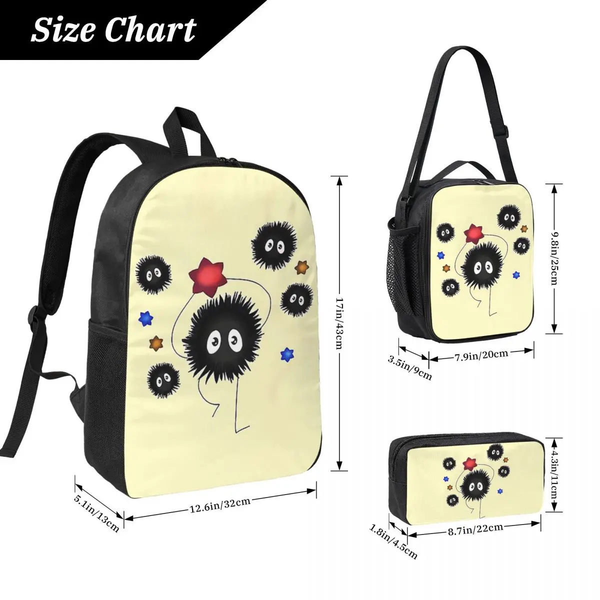 Soot Studio Ghibli 배낭 학생 소년 소녀 BookBag 학교 가방 노트북 어깨 가방 3ps 절연 점심 가방 연필 케이스