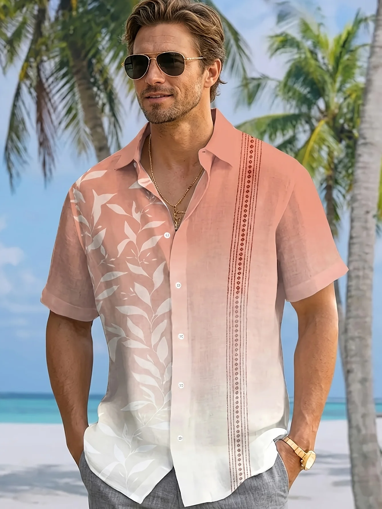 

Men Pink White Gradient Vertical Leaf Vacation Style Collar Short Sleeve Shirt