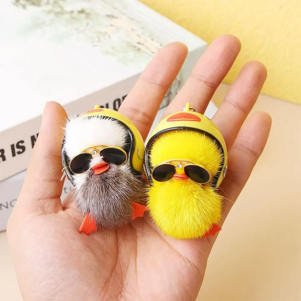 Funny Yellow Fur Duck Figure Car Ornament Anime Doll Car Interior Accessories Lucky Helmeted Duck Hanging Decor for Car