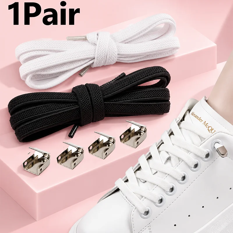 1/2 Pair of No-Tie Metal Buckle Shoelaces, Made of Elastic Polyester and Spandex, Adjustable Flat Shoelaces with Metal Tips, Perfect for Casual Shoes, Casual Shoelaces |   Adjustable Shoelaces |   Elastic Fabric No-Tie Shoelaces